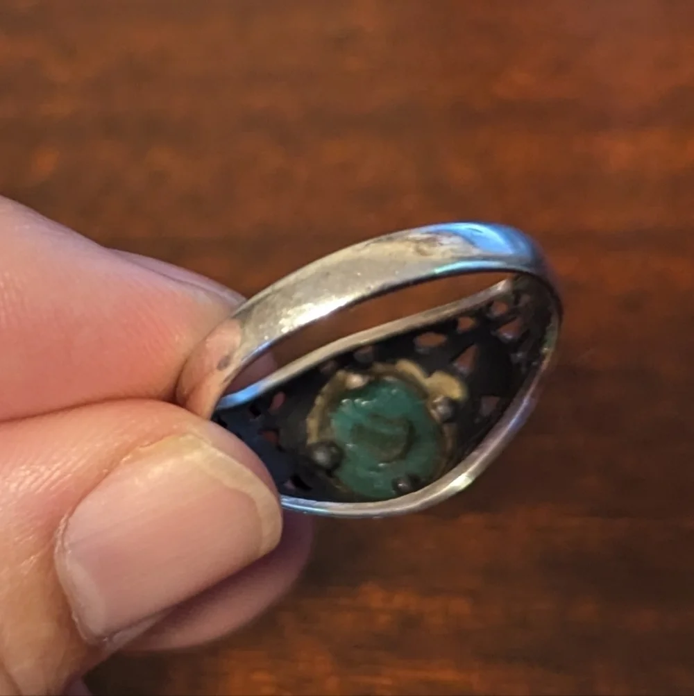Malachite Sterling Silver Ring Filigree 925‎ Openwork Victorian Edwardian Estate